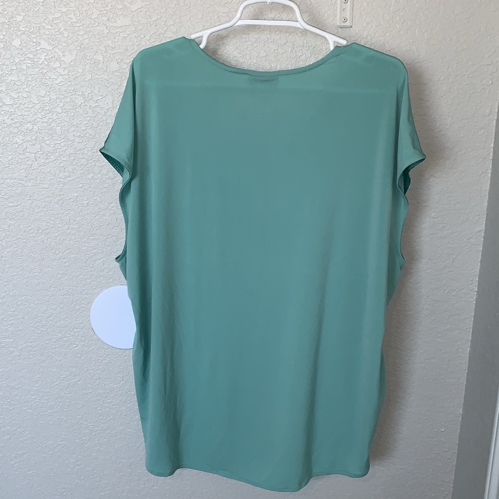 Alfani Aqua blue /green satin look mixed media drawstring blouse cap sleeve - Picture 9 of 9